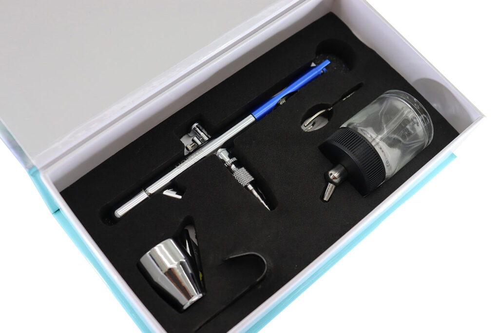 KIT AEROGRAFO DE SUCÇÃO DUPLA AÇÃO BICO 0.35MM COM 02 COPOS / 5ML / 22ML- Acabamento Azul