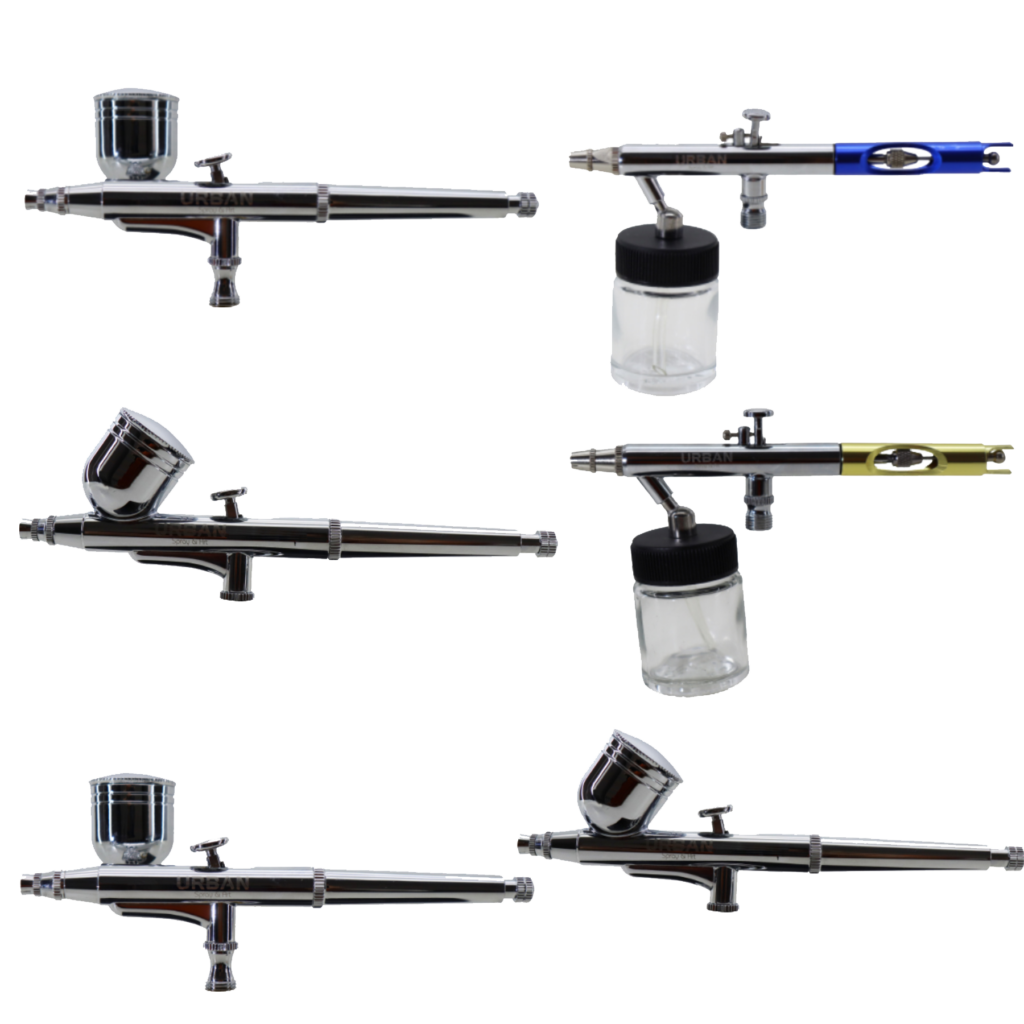 CONJUNTO COM 06 AEROGRAFOS SUCÇÃO E GRAVIDADE BICO :0.25MM /0.3MM E ACESSORIOS
