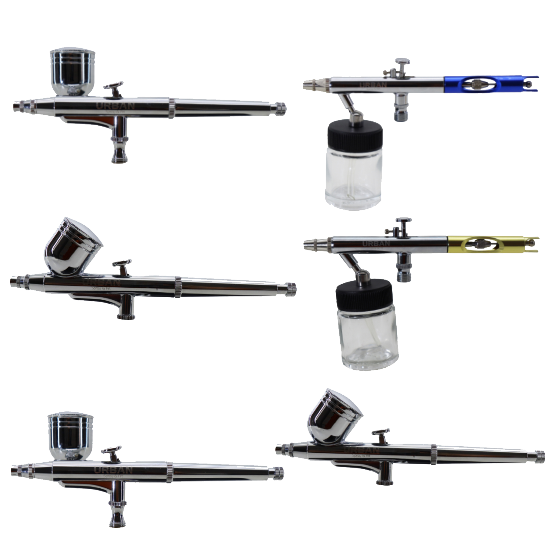 CONJUNTO COM 06 AEROGRAFOS SUCÇÃO E GRAVIDADE BICO :0.25MM /0.3MM E ACESSORIOS