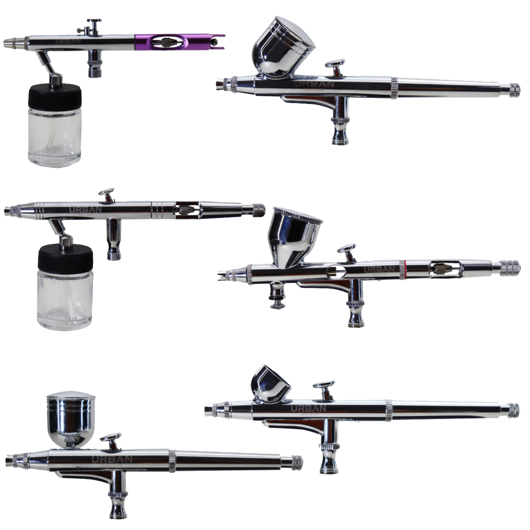 CONJUNTO COM 06 AEROGRAFOS SUCÇÃO E GRAVIDADE BICO :0.2MM /0.25MM/ 0.3MM/0.5MM E ACESSORIOS